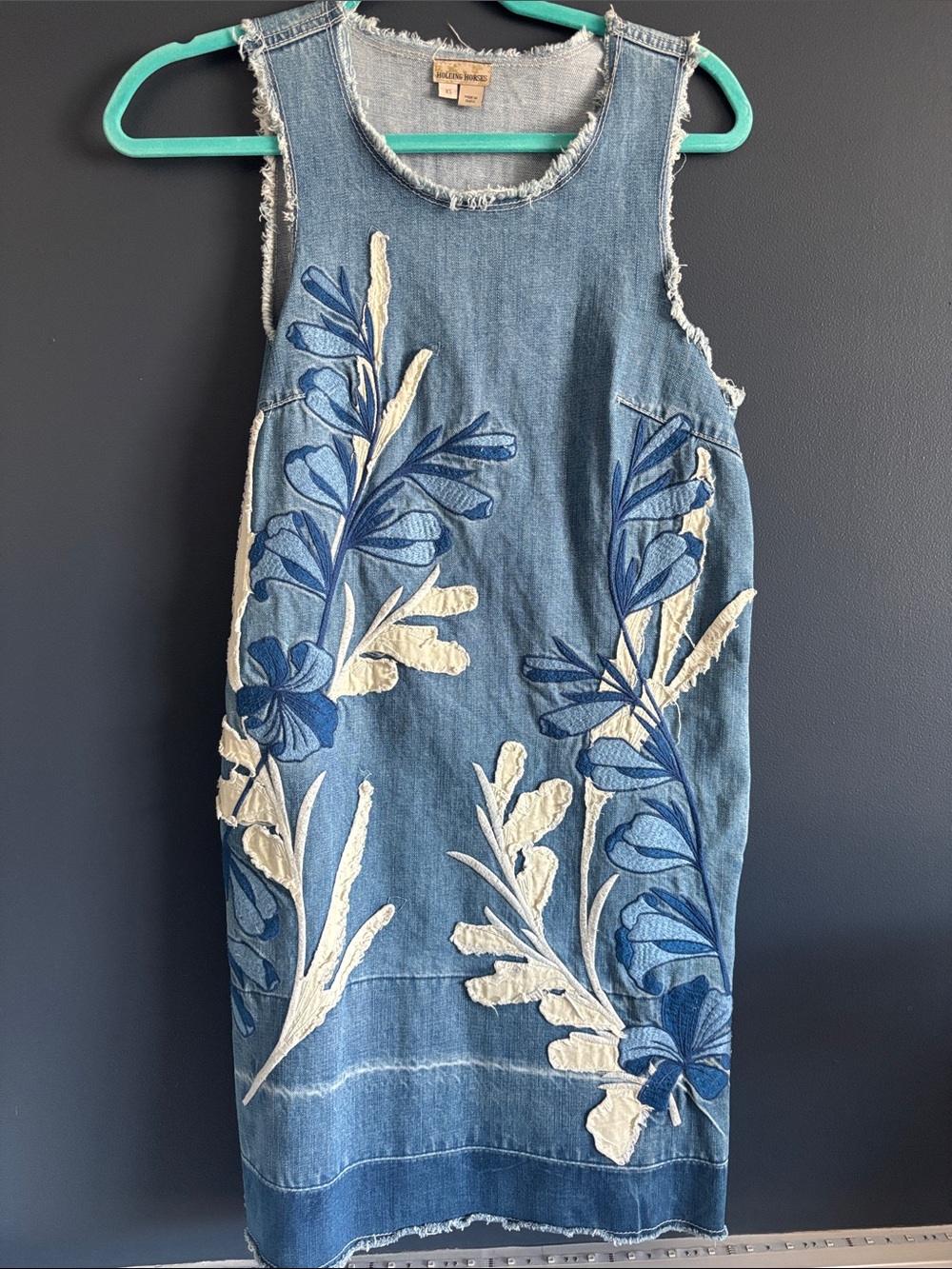 HOLDING HORSES Denim Midi Dress with Blue and Cream Floral Appliqué